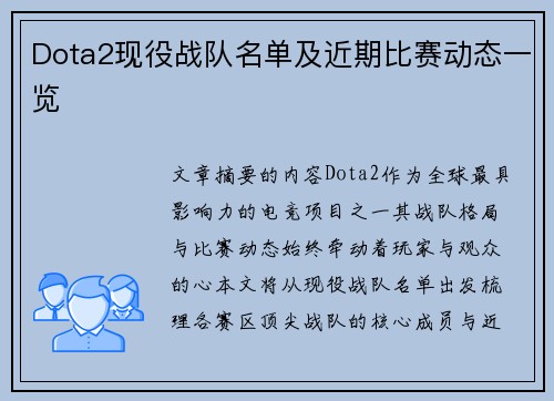 Dota2现役战队名单及近期比赛动态一览